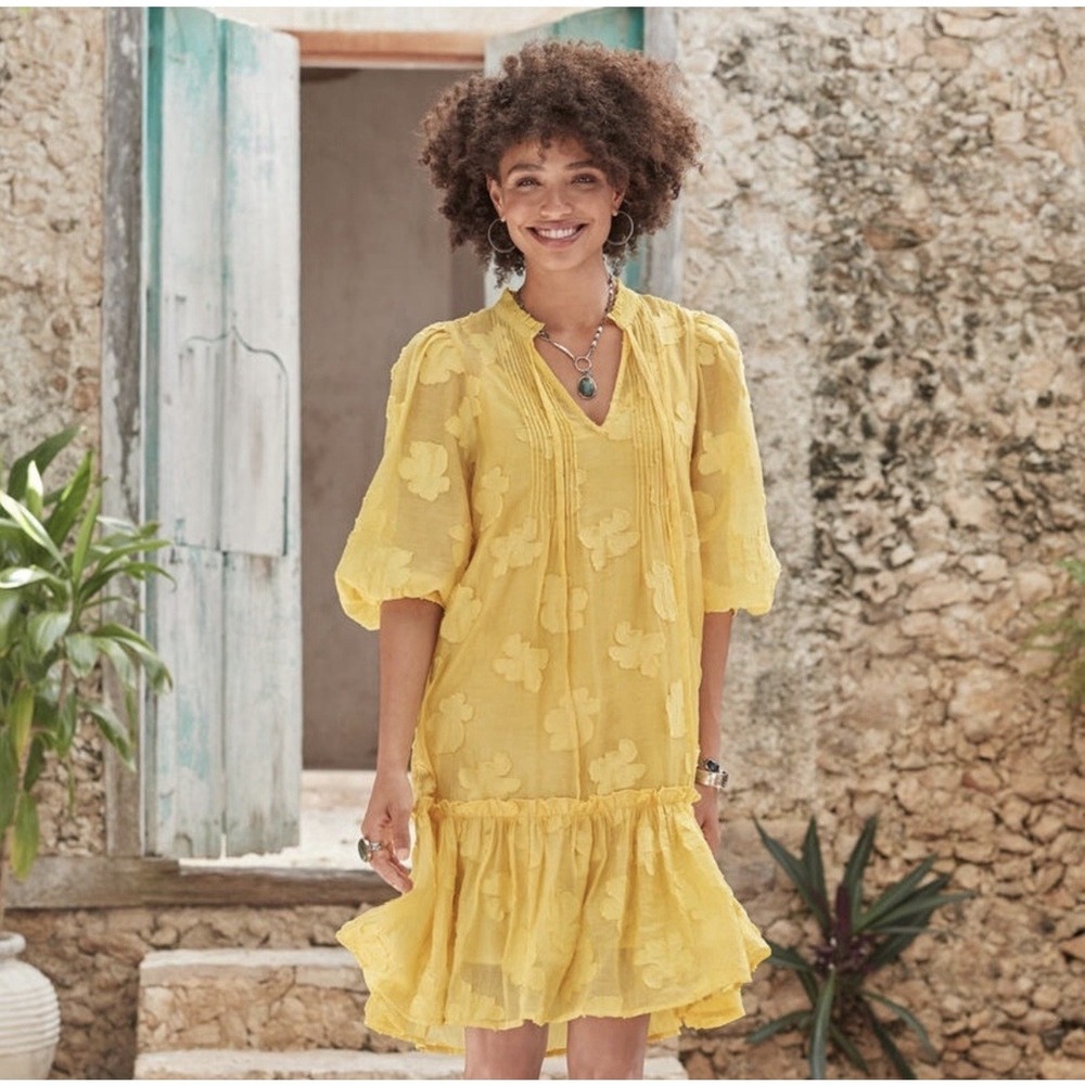 Sundance Yellow Floral Dress Ruffle Jacquard Tiered Hem Fancy NWT $178 Small